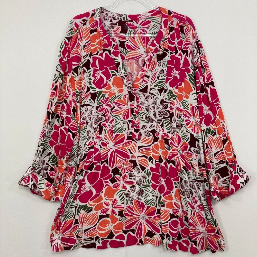 Kim Rogers size 4X Pink‎ Orange Floral Rolled Tab Stretch Knit Popover Blouse